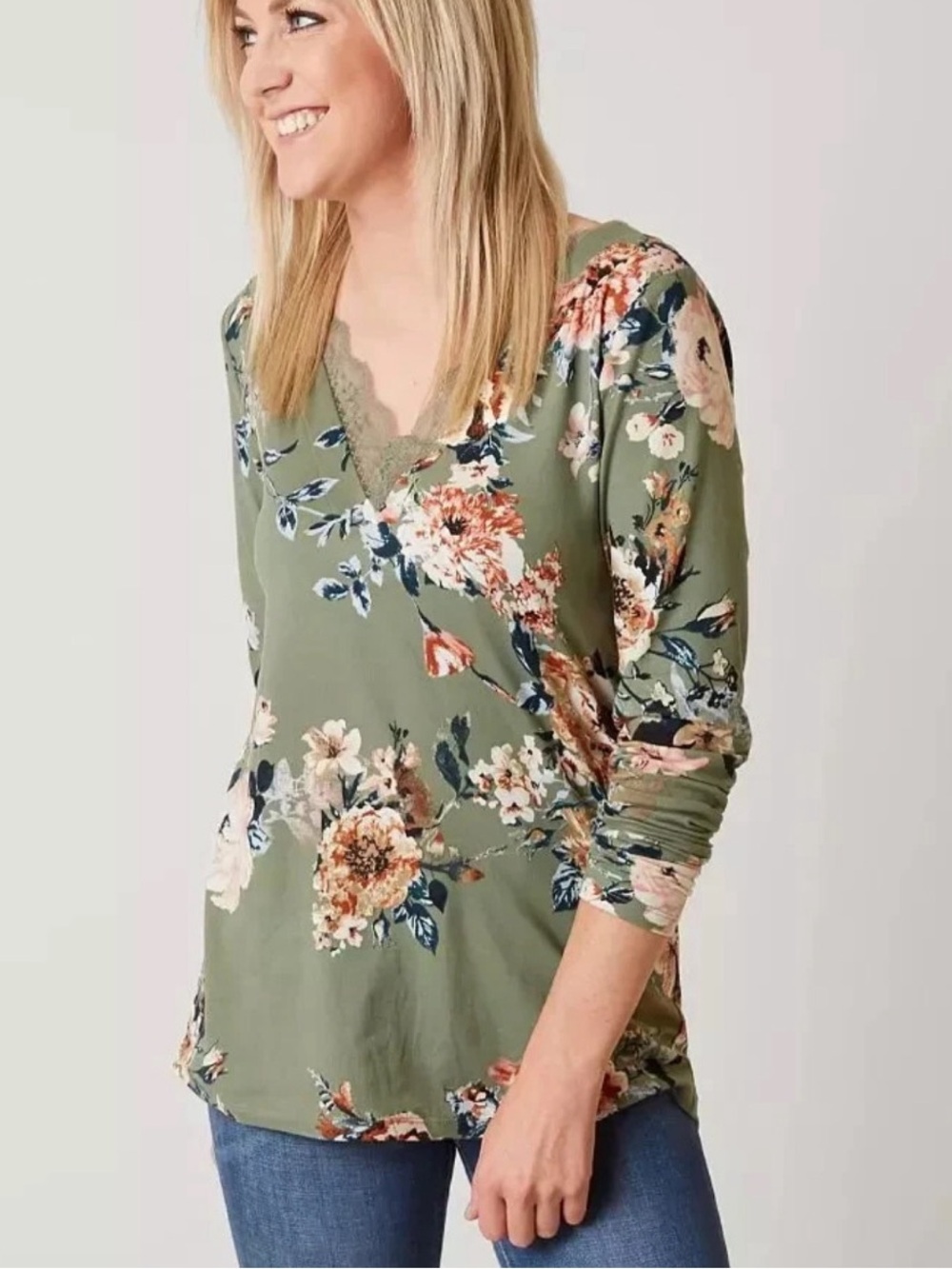 DAYTRIP FROM BUCKLE MOSS GREEN FLORAL PRINT LACE TRIM Long Sleeve TOP, size L